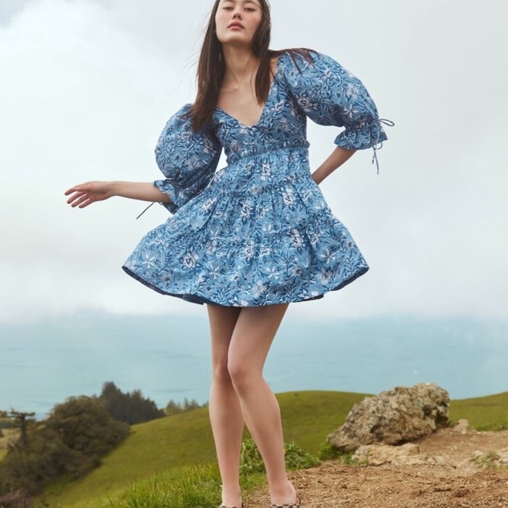 Eddy Julia Blue Floral Puff Sleeve Babydoll Mini Dress V-Neck XS $318